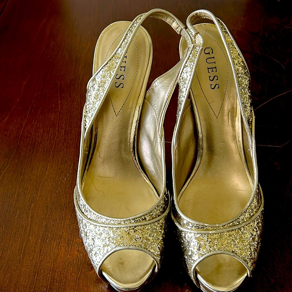 Guess; pre owned- gold glitter open toe heels, 4 inches, worn twice.